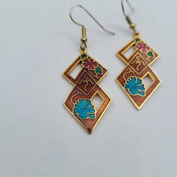 Vintage 80s Dangle Cloisonne Floral Geometric Asian Motif Earrings - Picture 2 of 5